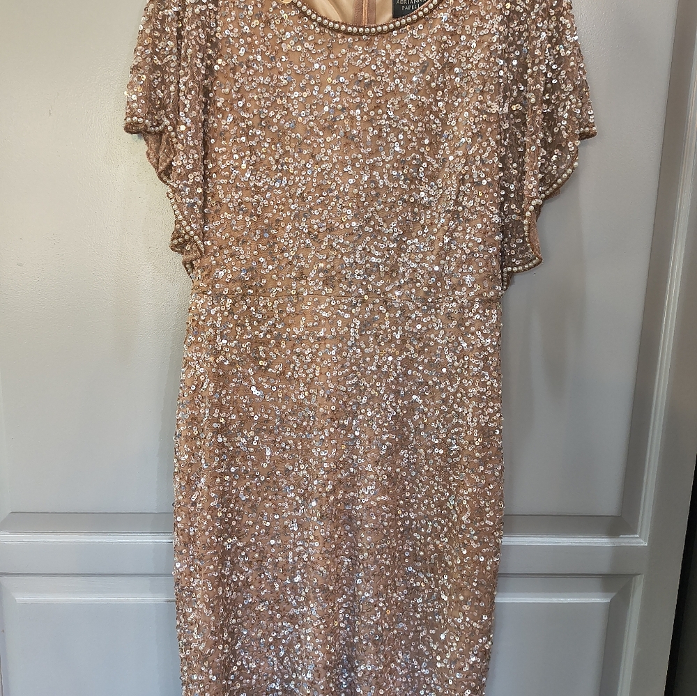 Adrianna Papell Gold Sequin Gown Sleeveless Crew Neck